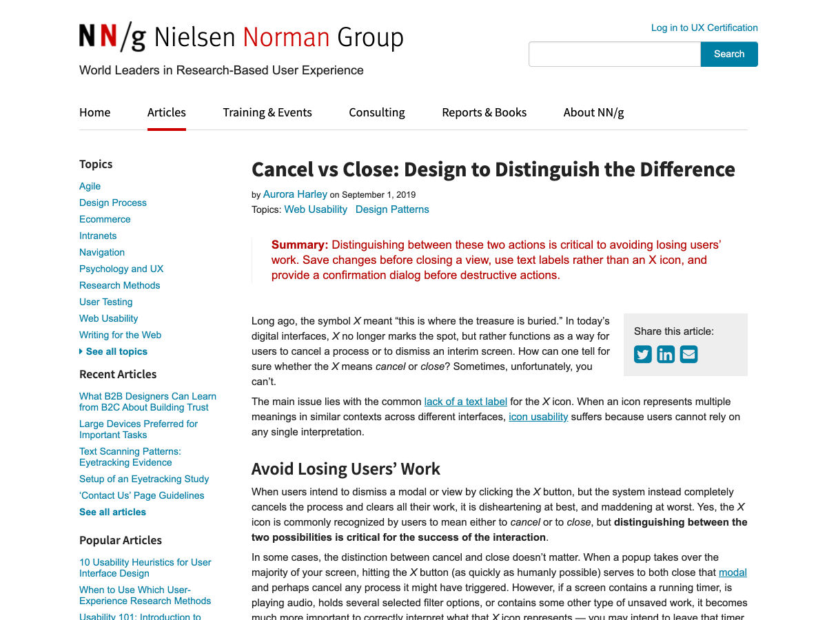 Cancel vs Close: Design to Distinguish the Difference