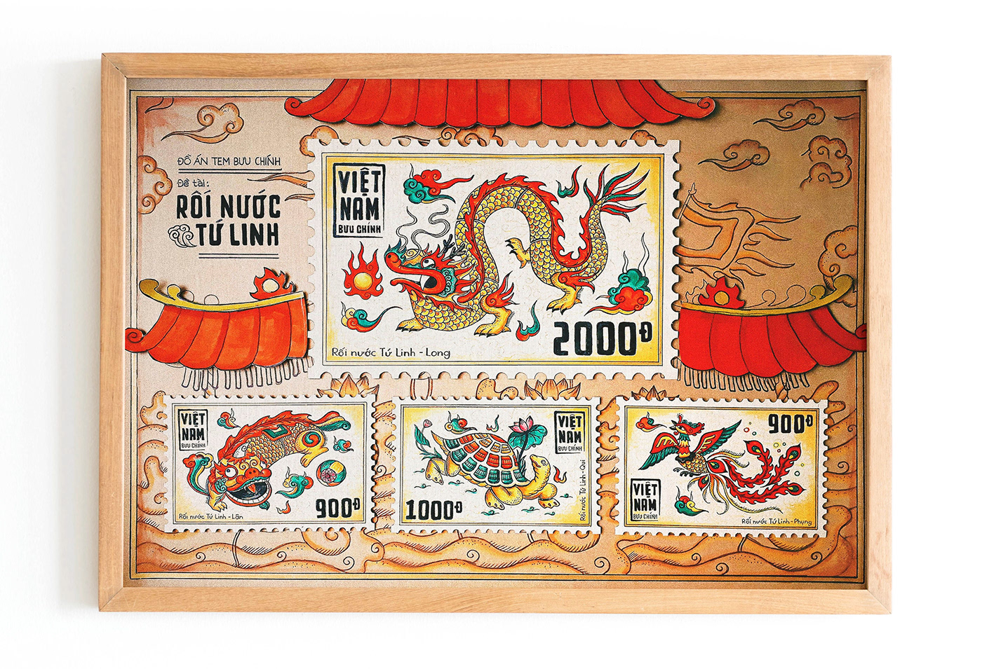 Kết hợp giữa tranh dân gian, bộ môn rối nước và hình tượng tứ linh quen thuộc, họa sĩ Vinh Loc đã sáng tác nên dự án bộ tem Rối nước Tứ linh mang đậm nét truyền thống Việt Nam.