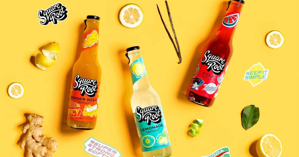 Bao bì dành cho hãng soda Square Root tặng kèm những sticker đẹp mắt