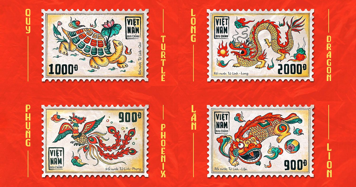 Bộ tem kết hợp giữa hình tượng Tứ Linh và rối nước